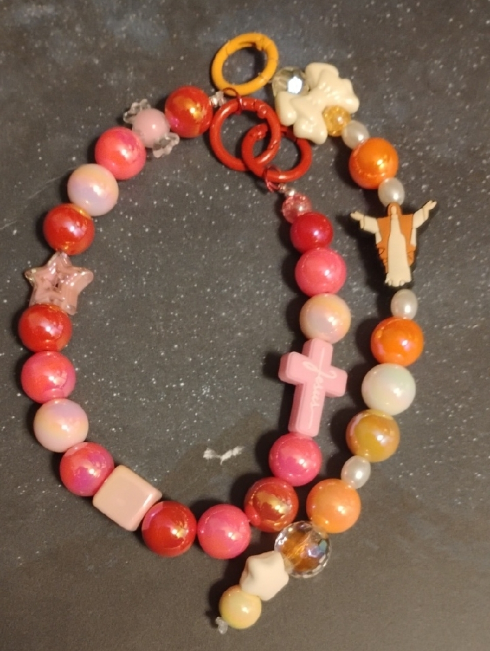 Multicolor Pink & Orange Beaded Cross Charm Bracelet
